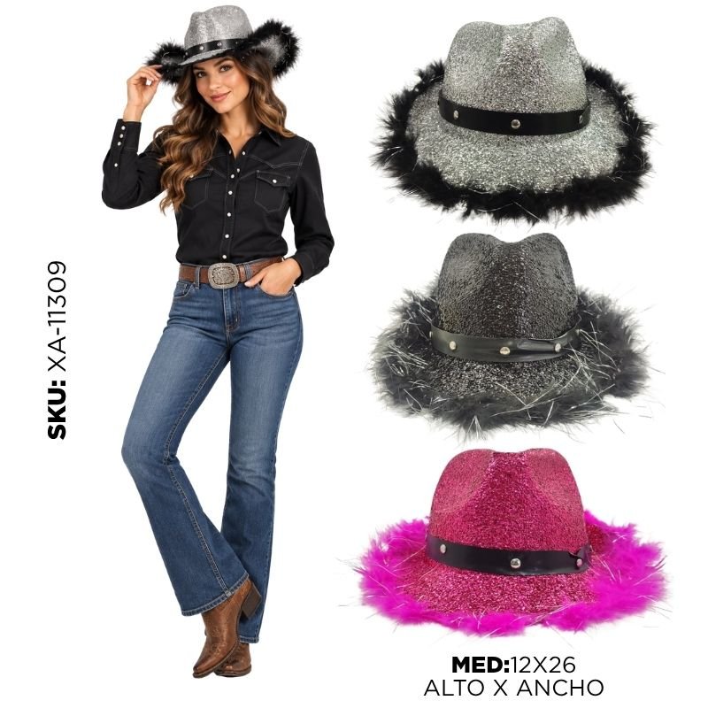 SOMBRERO VAQUERA ROSA/NEG/PLATEADO XU X120B